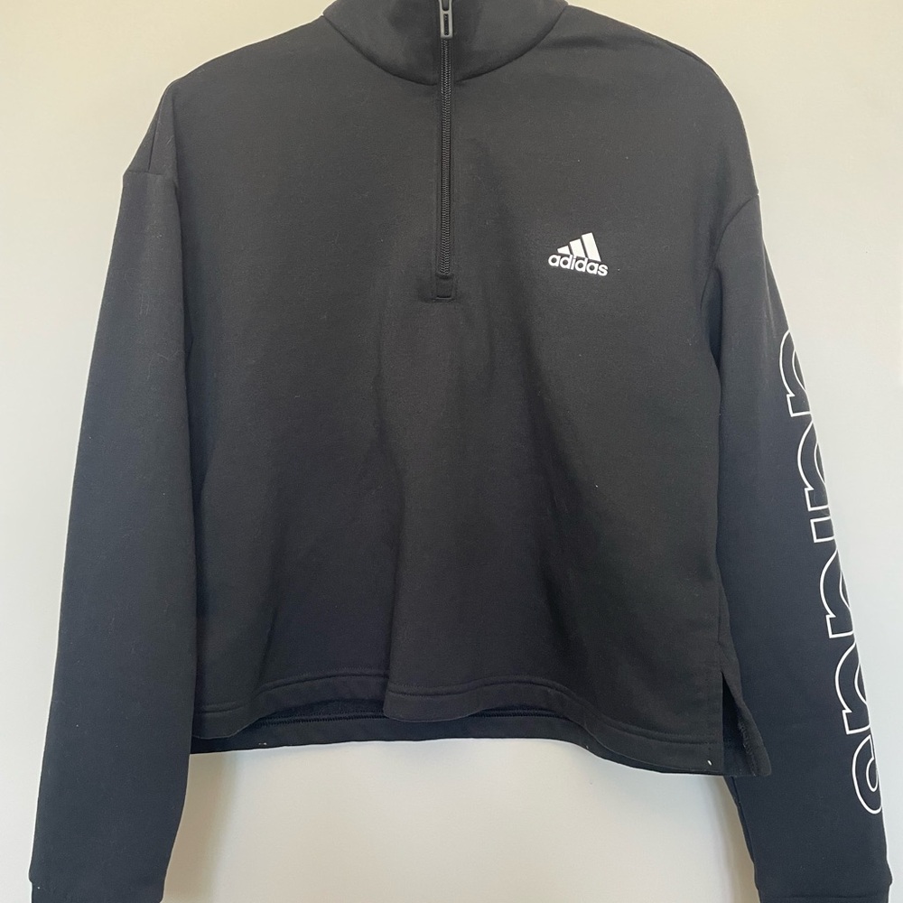 Adidas Woman Black Sweater Large Quarter Zip-Up Pullover Logo Sleeve Athletic